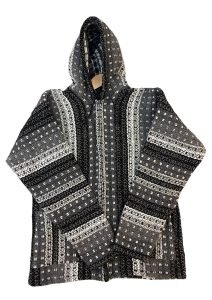 Classic Black & White Baja Hoodie – Unisex Pullover Jacket | Handwoven Mexican Drug Rug Style | Cozy Boho Surf Hoodie