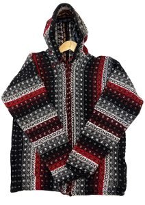 Red & Black Baja Hoodie – Handwoven Mexican Pullover Jacket | Unisex Drug Rug Style with Warm Earth Tones