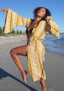 Mustard Yellow Tribal Kimono – Lightweight Boho Robe with Belt | Handmade Beach Cover Up | Geometric Print Duster