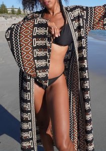 Black Tribal Print Kimono – Boho Duster Robe with Orange & Cream Accents | Statement Beach Cover Up or Festival Layer