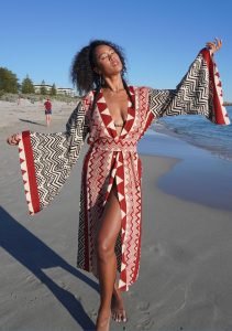 Tribal Print Kimono Robe – Boho Beach Cover Up | Handmade South American-Inspired Duster | Bold Red & Black Geometric Design