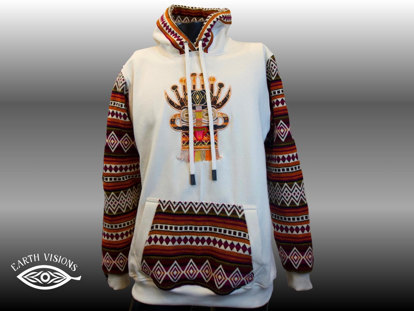 Tribal-Inspired White Hoodie – Andean Embroidered Pullover with Patterned Sleeves & Kangaroo Pocket | Earth Visions