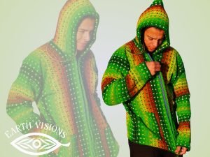 Green Tribal Hoodie Jumper | Handwoven Wool Festival Jacket | Bright Boho Zip-Up Pullover | Unisex Artisan Winter Sweater