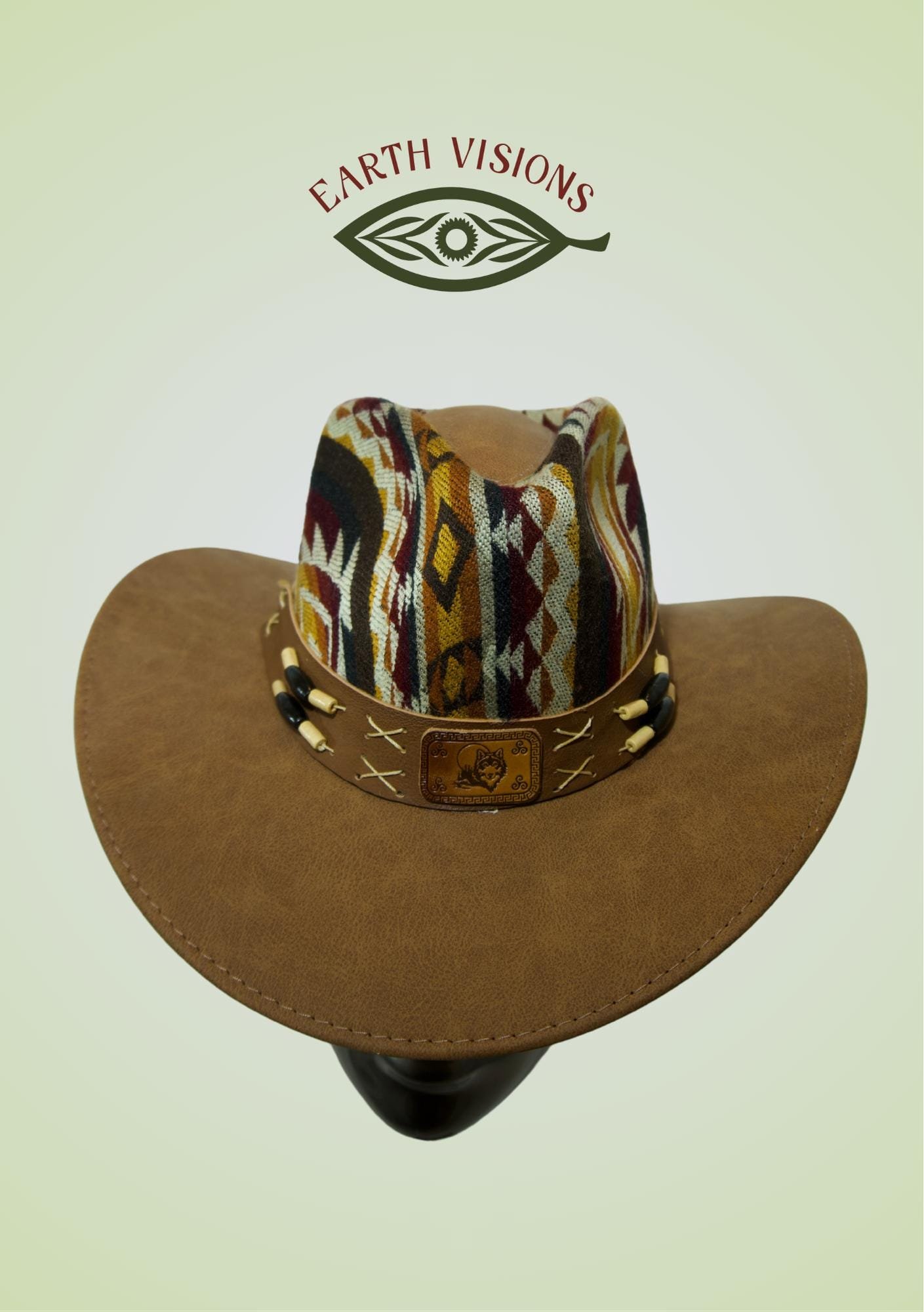 Light Brown/Orange/Yellow Leather Hat with Tribal Pattern | Western Fedora | Earthy Unisex Cowboy Hat | Handmade Statement Hat