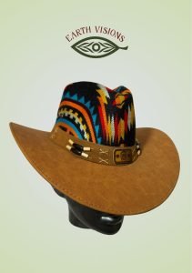 Light Brown Leather Hat with Tribal Pattern | Western Fedora | Earthy Unisex Cowboy Hat | Handmade Statement Hat