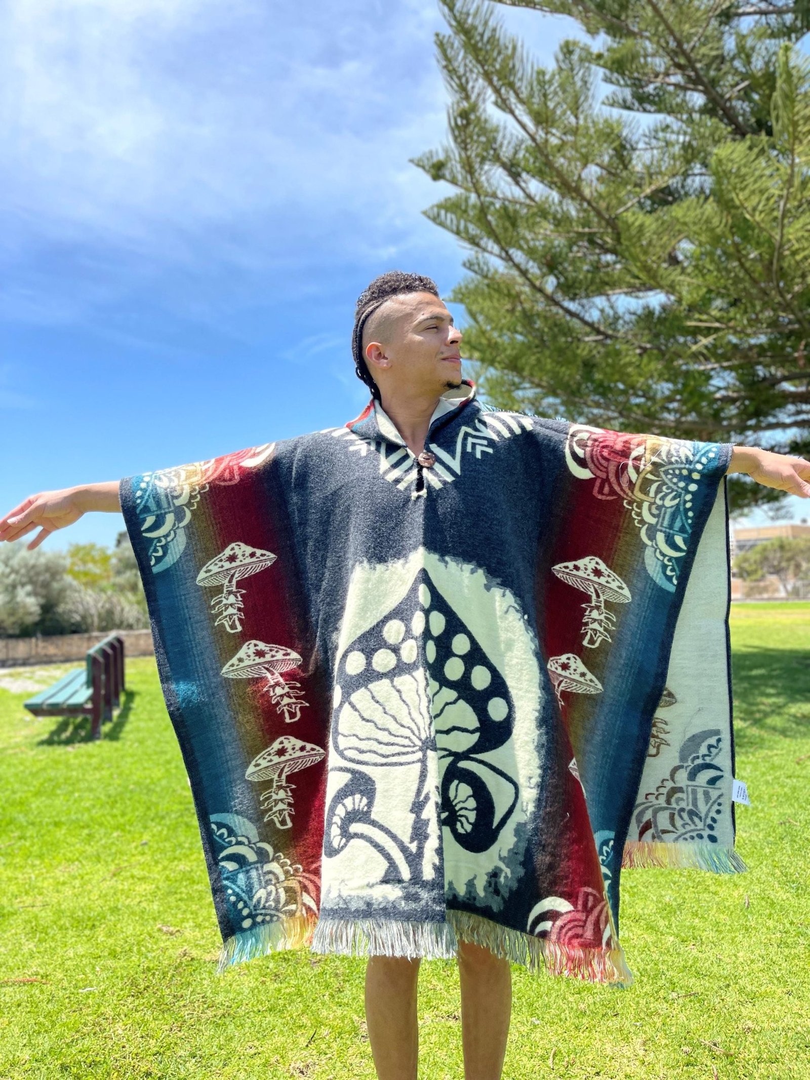 Alpaca Reversible Poncho (Mushroom, Black Base, Red Yellow Blue Sleeves)